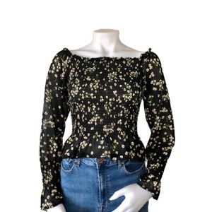 Black Floral Smocked Puff Longsleeve Top